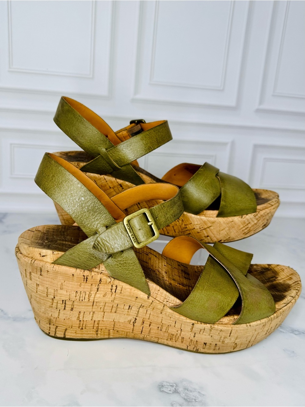 Kork-Ease Myrna Olive Green Leather Cork Wedge Sandals 10M